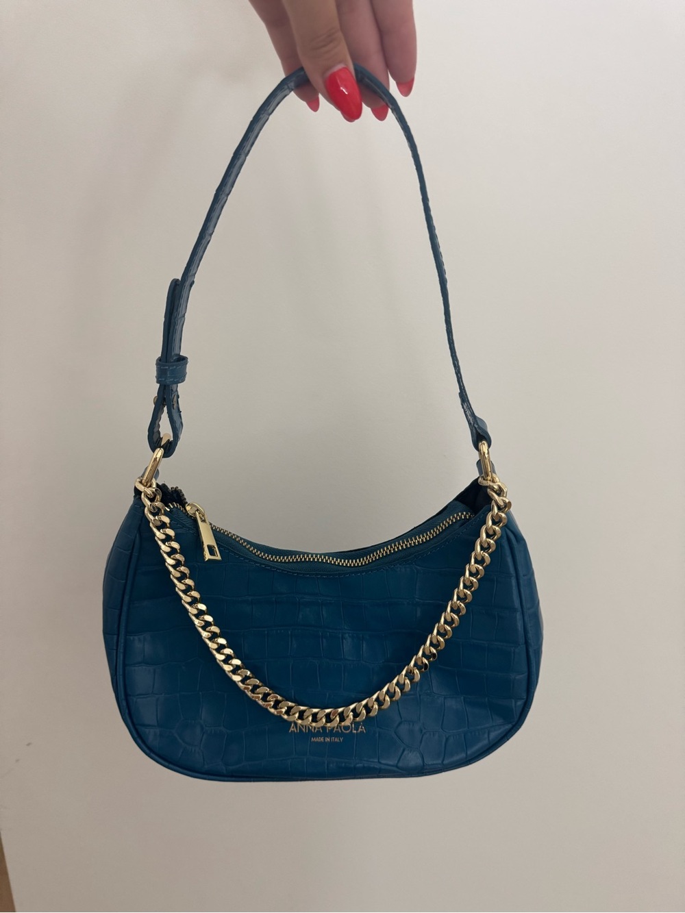 Anna Paola Teal Croc-Embossed Shoulder Bag with Gold Chain
